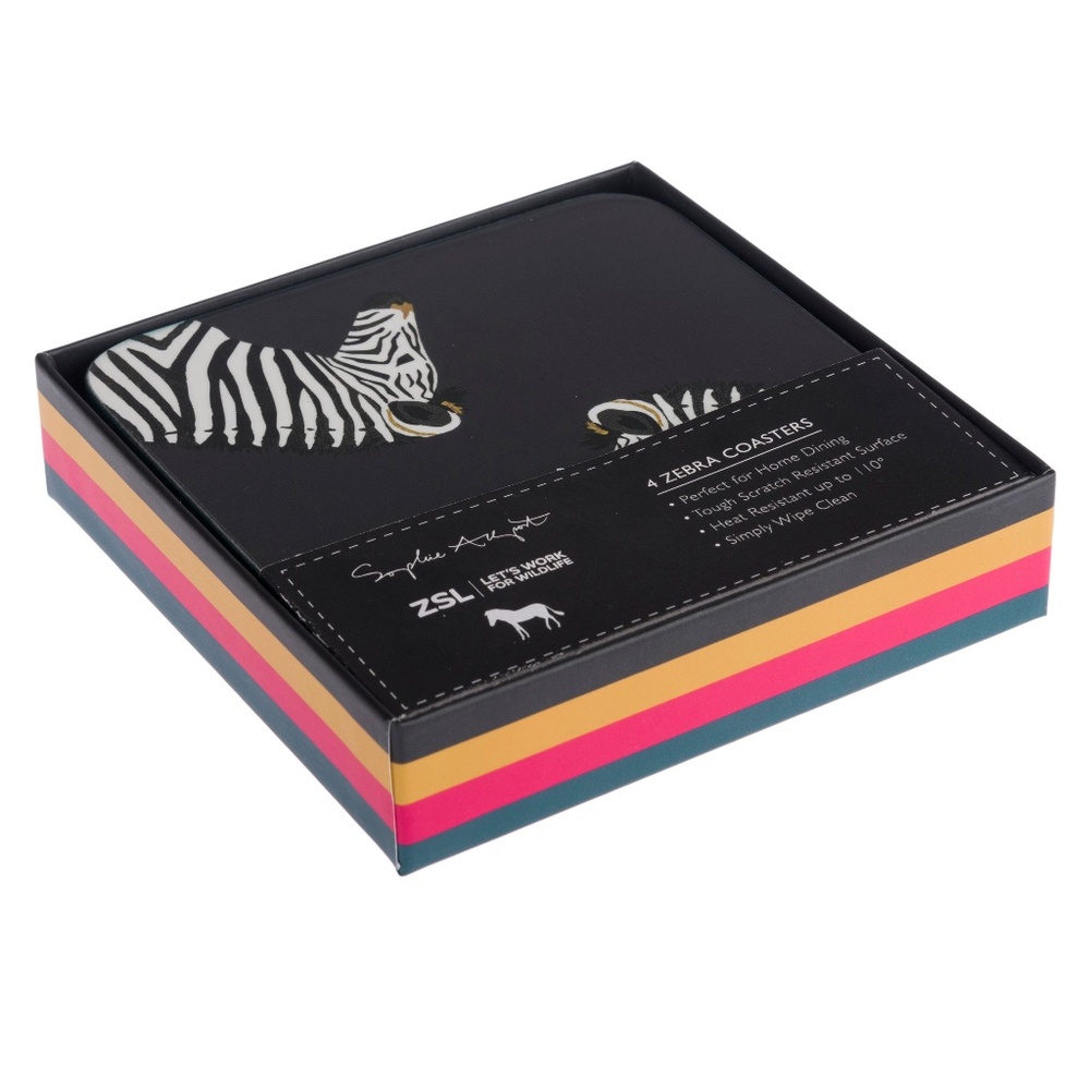 New Zebra Set of 4 Sophie Allport coasters in sealed gift box‎ cork back.